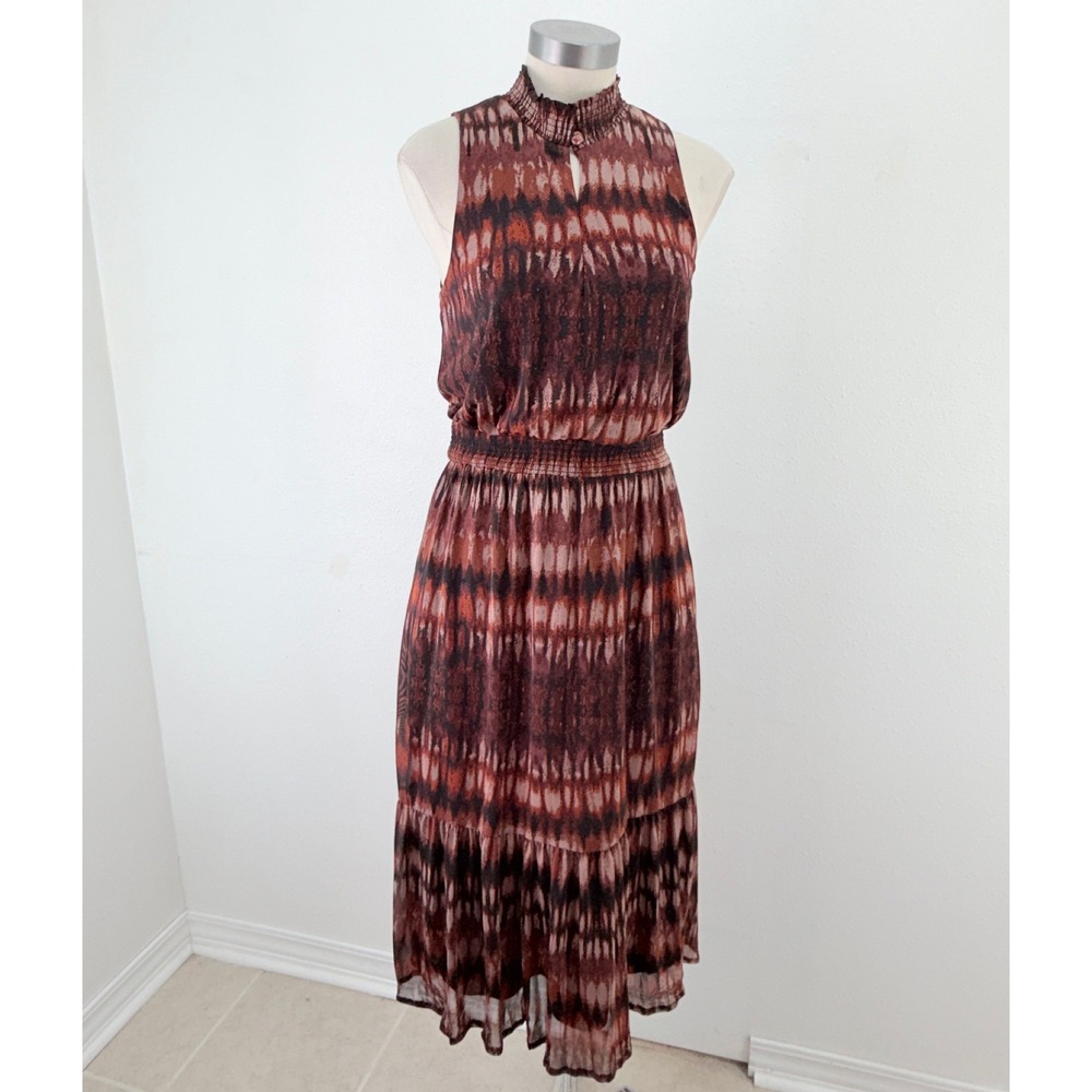 Evereve Brown Rust Ikat Print Smocked Tiered Midi Dress Pockets Small